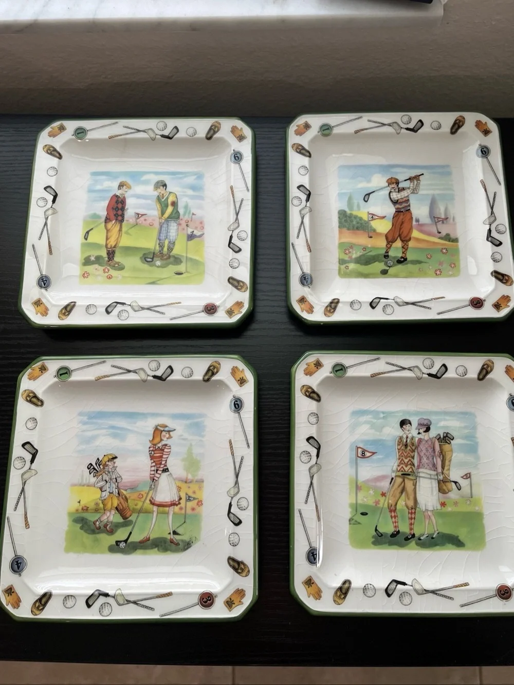 Vintage Early Century Golf Players Dishes, Set Of 4, Made In Italy